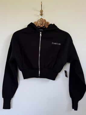 bebe Black Cropped Zip Hoodie Jacket with Logo